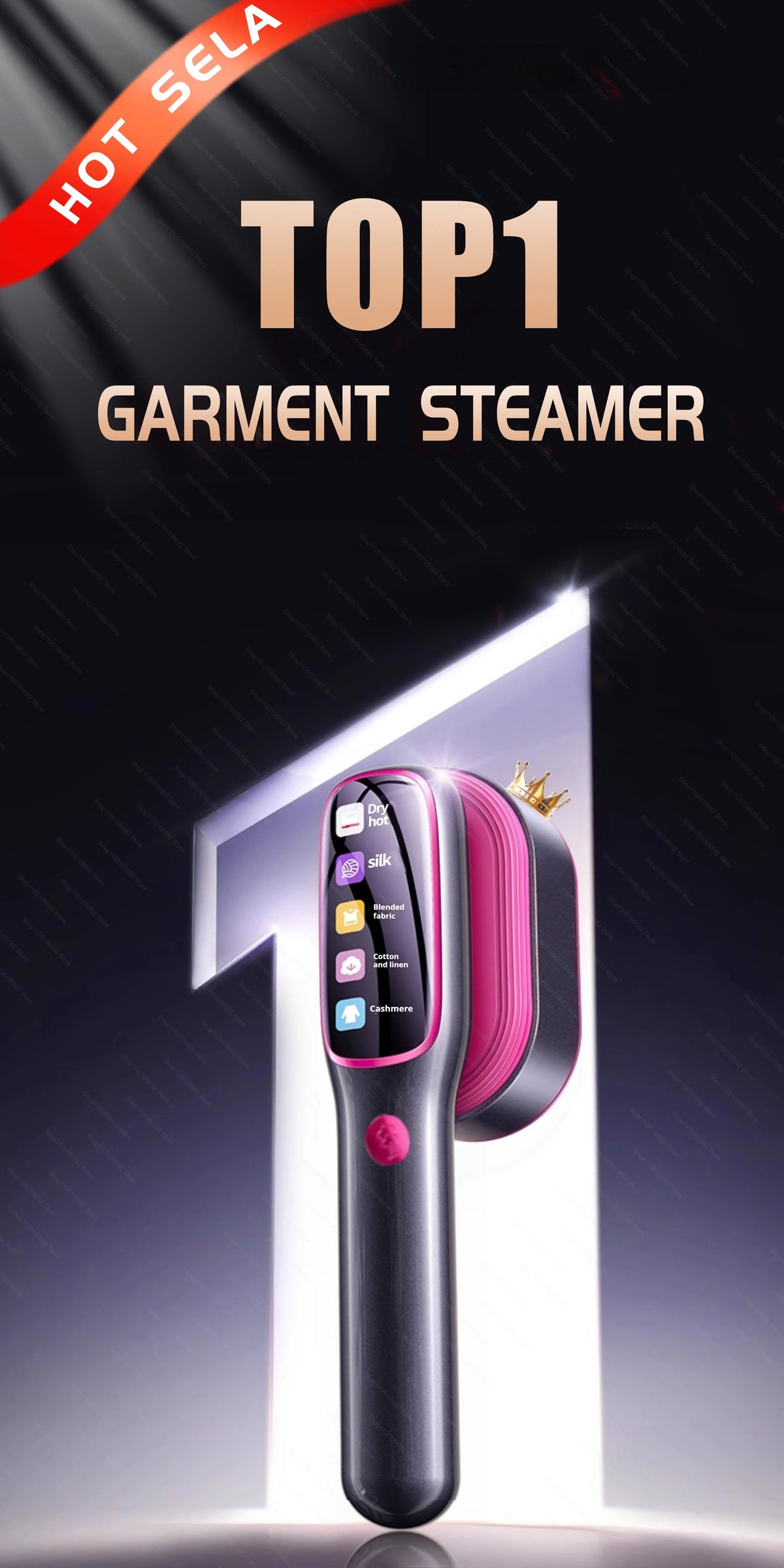 A black handheld garment steamer with a pink and purple handle is shown against a dark background.