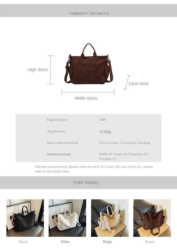 Multi-Pocket Corduroy Tote Bag – Large Capacity Casual Satchel for Travel, Work & Commute