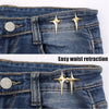Close-up of dark wash denim jeans showing gold Y2K star waist retraction clips on the waistband.