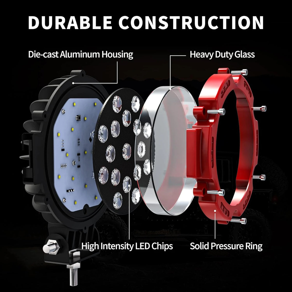 A pair of durable LED work light bars featuring die-cast aluminum housing, heavy duty glass, high intensity LED chips, and a 