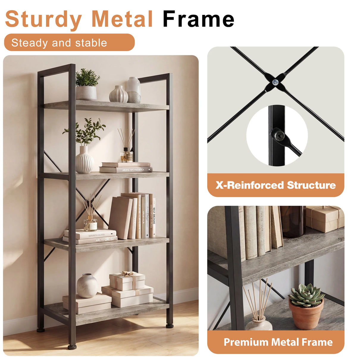 Industrial 4-Tier Tall Bookshelf with Graduated Shelves