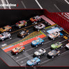 A collection of 48 diecast metal cars displayed on a black surface, set within a red box.