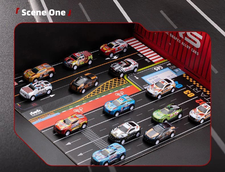 A collection of 48 diecast metal cars displayed on a black surface, set within a red box.