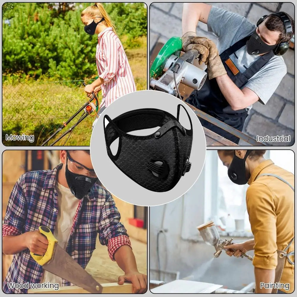 A collection of images showing various uses and contexts for a reusable dust mask with replaceable activated carbon filters i