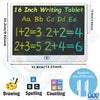 A 16 inch LCD writing tablet showing mathematical equations and letters, with accessories for drawing, spelling, and counting