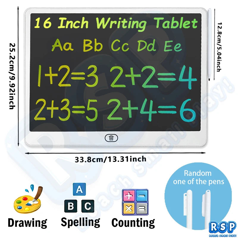 A 16 inch LCD writing tablet showing mathematical equations and letters, with accessories for drawing, spelling, and counting