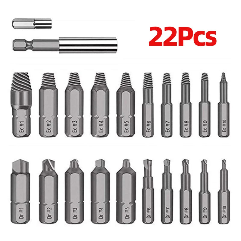 A set of 22 professional screw extractors and a magnetic extension tool for removing damaged bolts and screws.