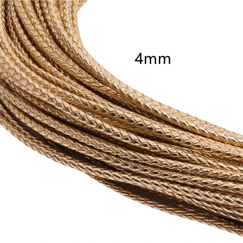 Close-up of a thick, braided leather cord in a golden brown color, showing the texture and diameter marked as 4mm.