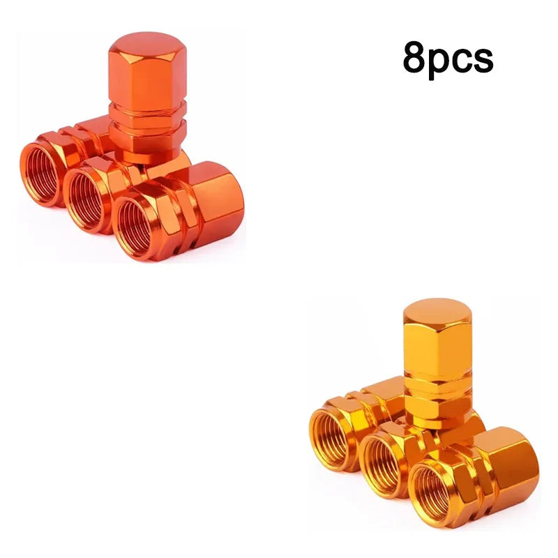 Eight orange aluminum alloy tire valve caps for various vehicles