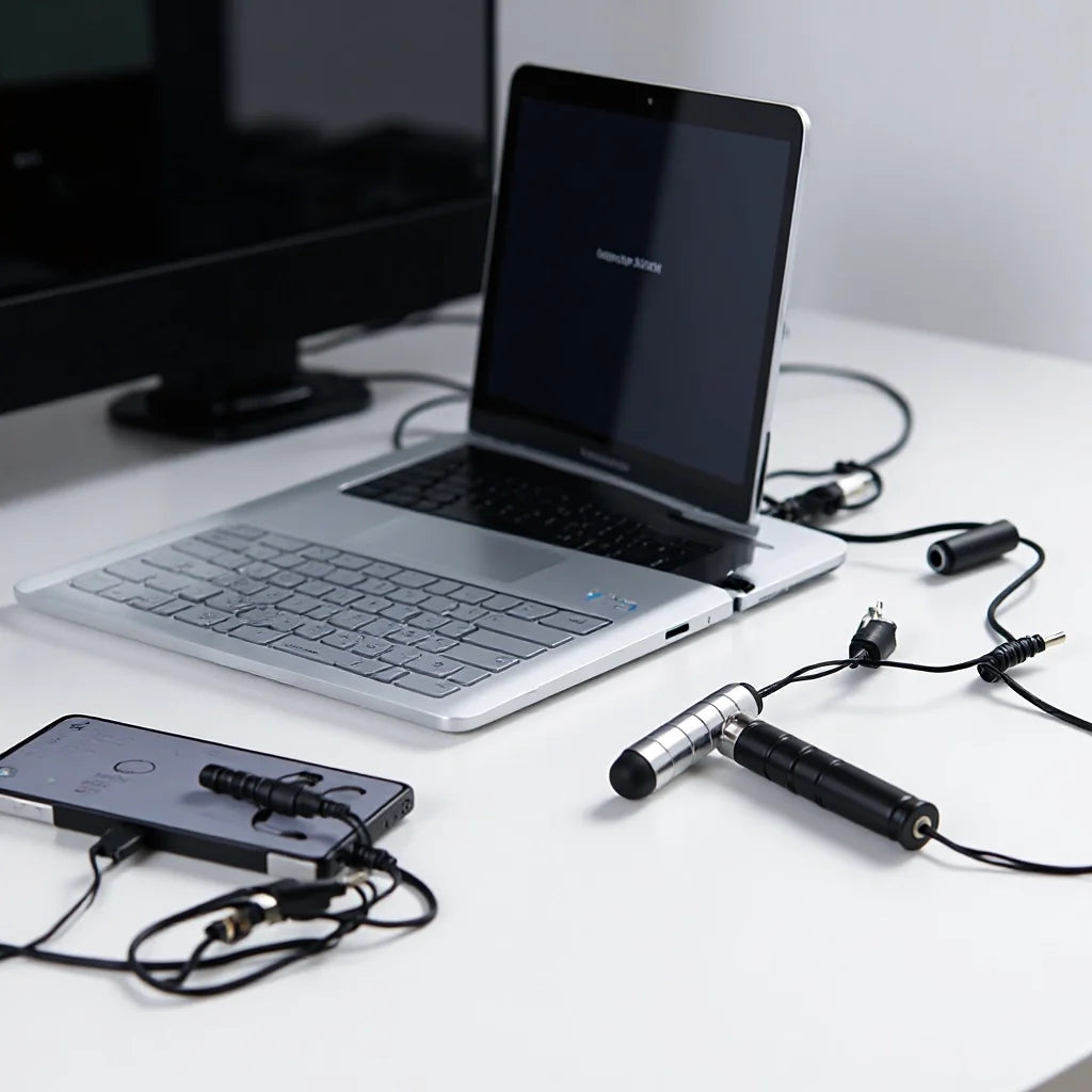 A laptop and a fine point stylus pen are displayed on a white desk.