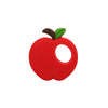 A bright red silicone fruit-shaped teether with a green leaf and brown stem.