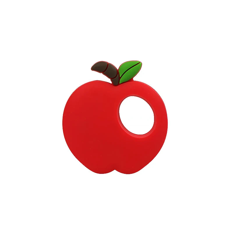 A bright red silicone fruit-shaped teether with a green leaf and brown stem.