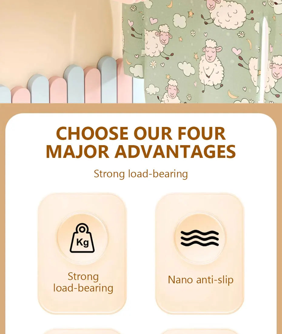 Close-up view of four silicone hangers highlighting strong load-bearing and nano anti-slip features.