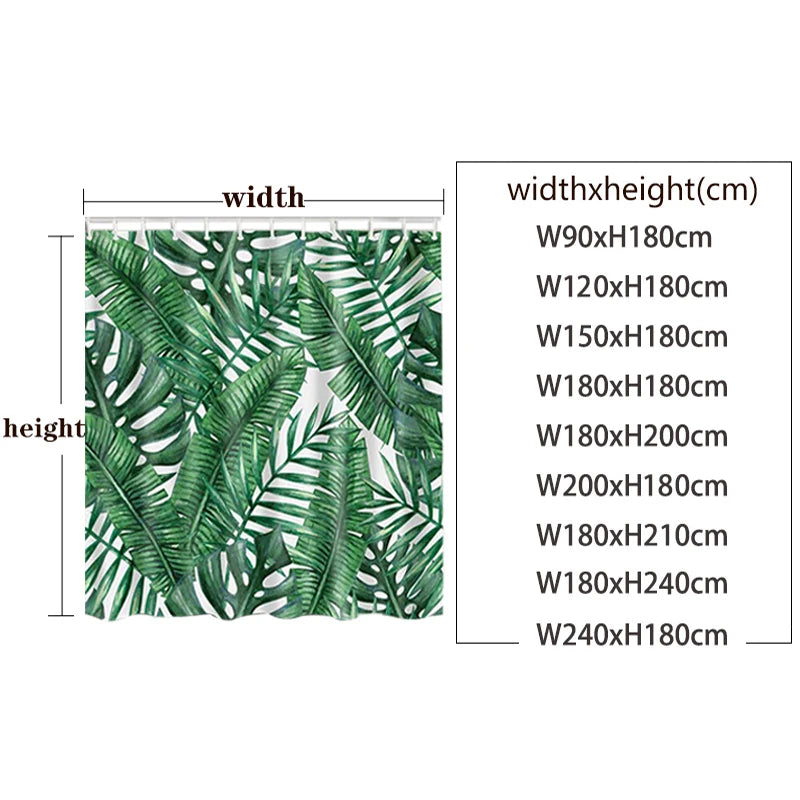 A set of black and white abstract geometric shower curtains with various dimensions shown against a white background.