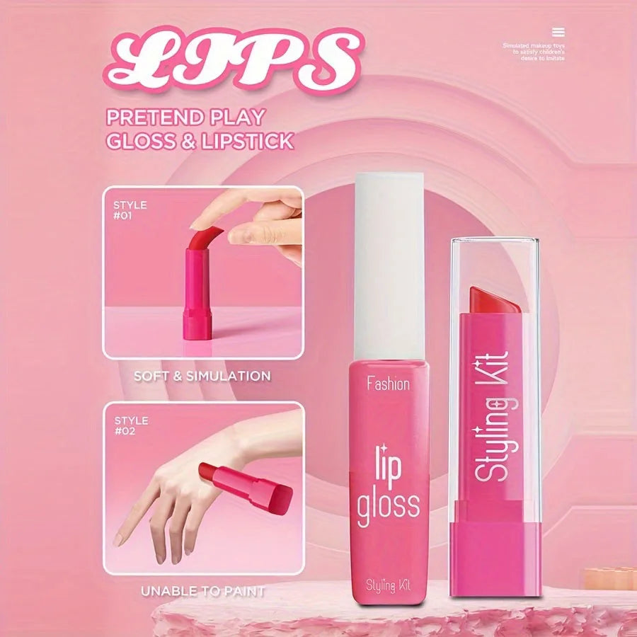 A pink lip gloss and lipstick kit for pretend play, showing different styles and simulation techniques.