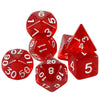A set of seven transparent red polyhedral dice, including a d6, d8, d10, d12, d20, and three d10s.