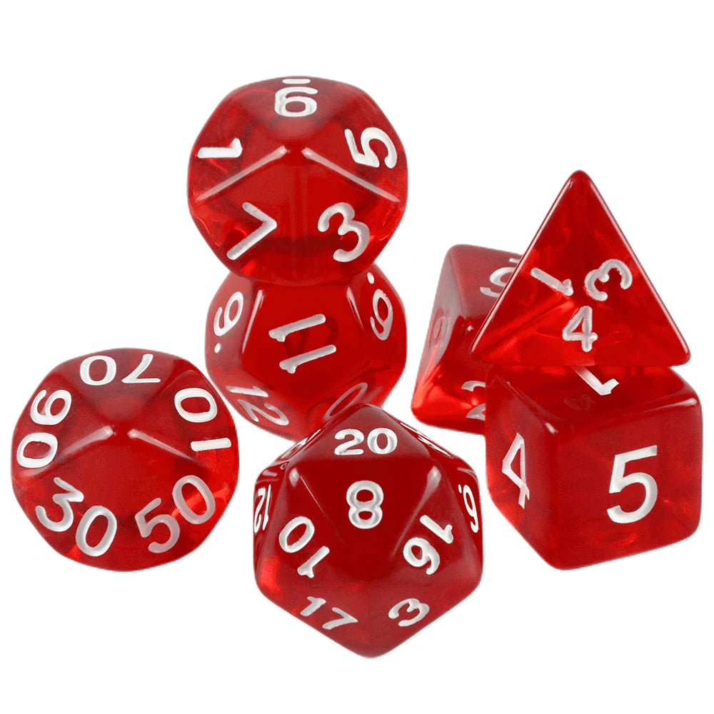 A set of seven transparent red polyhedral dice, including a d6, d8, d10, d12, d20, and three d10s.