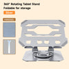 Silver 360° rotating tablet stand with a foldable design shown alongside a handheld tool.