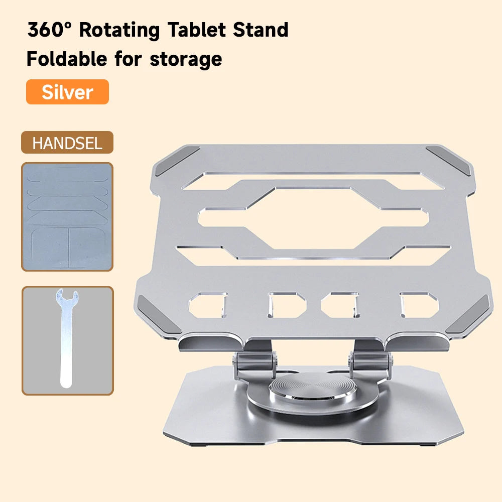 Silver 360° rotating tablet stand with a foldable design shown alongside a handheld tool.