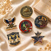 A set of seven vintage American eagle lapel pins featuring patriotic USA designs and various anniversaries.