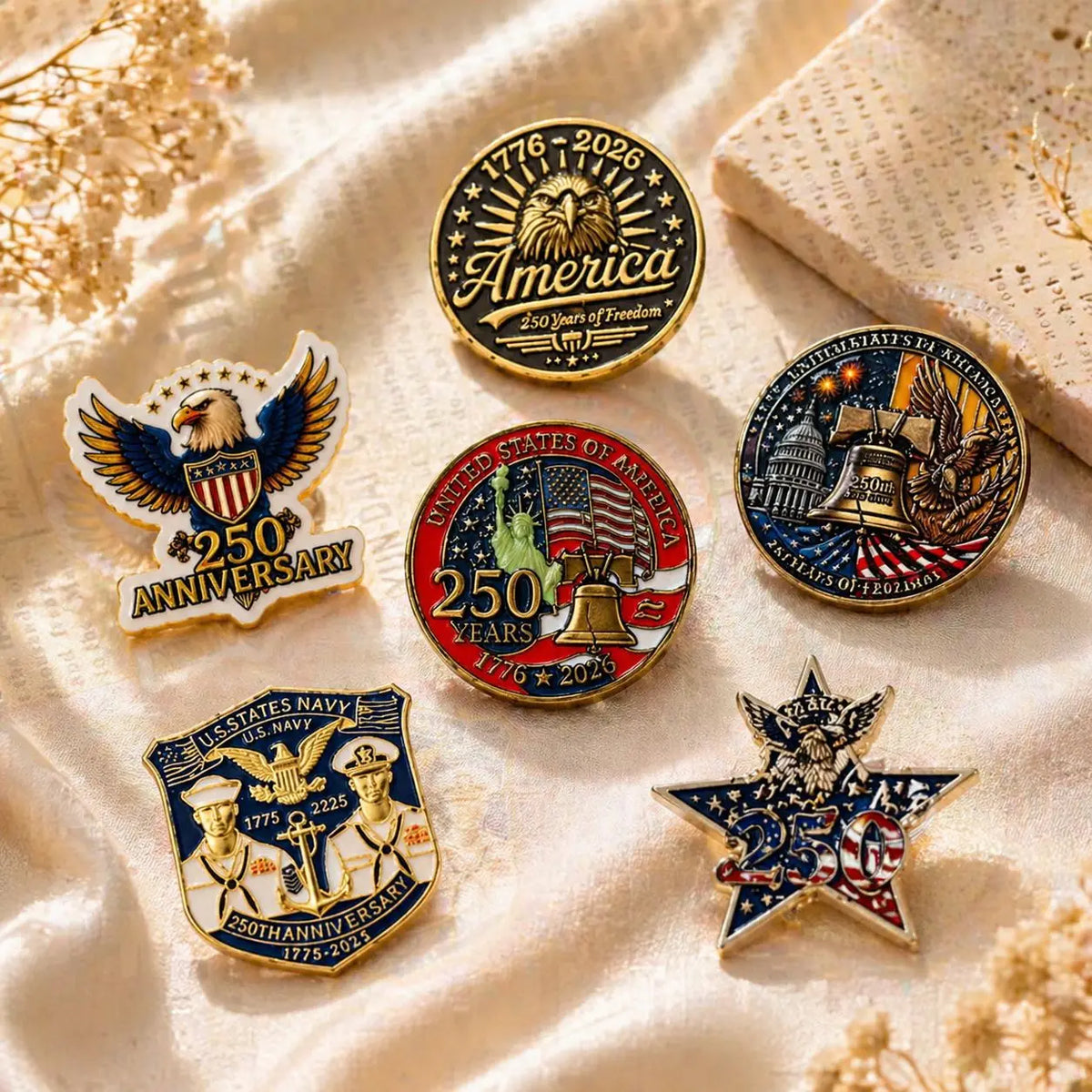 A set of seven vintage American eagle lapel pins featuring patriotic USA designs and various anniversaries.