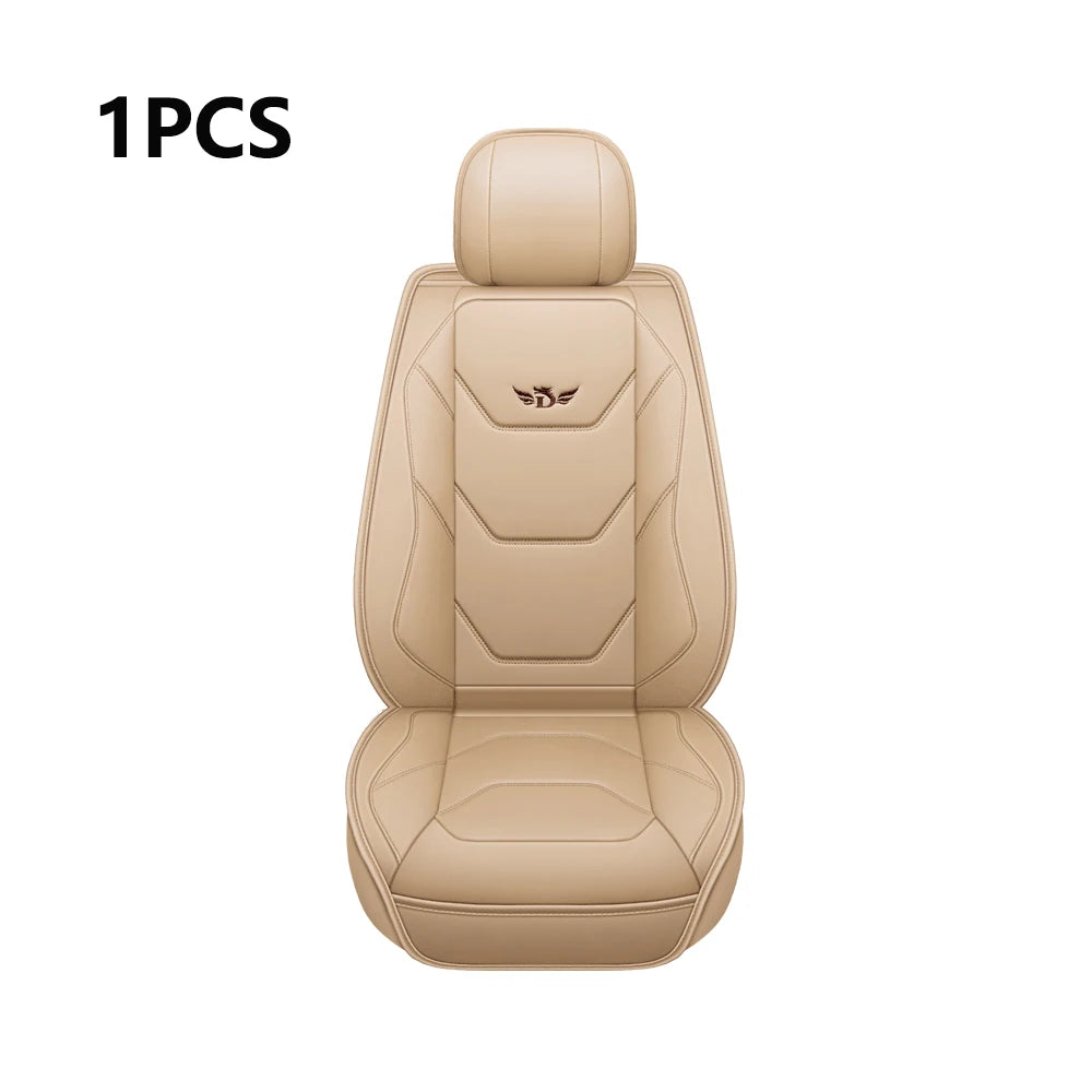 One piece of beige leather car seat covers with airbag compatibility.