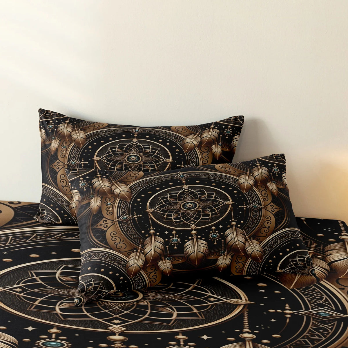 A dark brown and gold tribal dreamcatcher duvet cover set with a matching pillowcase