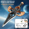 A black copper remote-controlled stunt flying sword with propellers and accessories shown against a blue sky background.