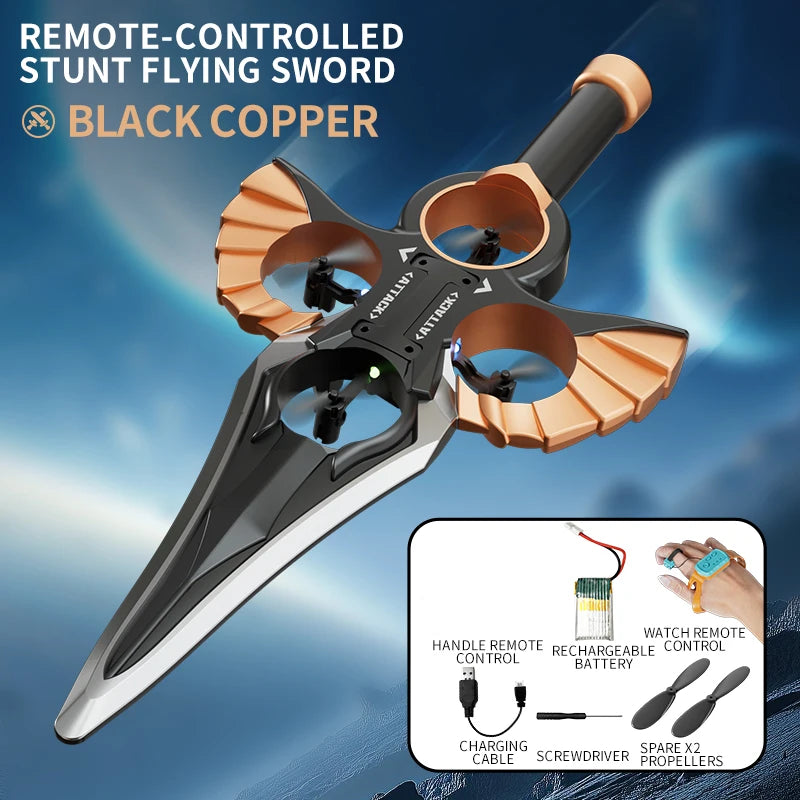 A black copper remote-controlled stunt flying sword with propellers and accessories shown against a blue sky background.