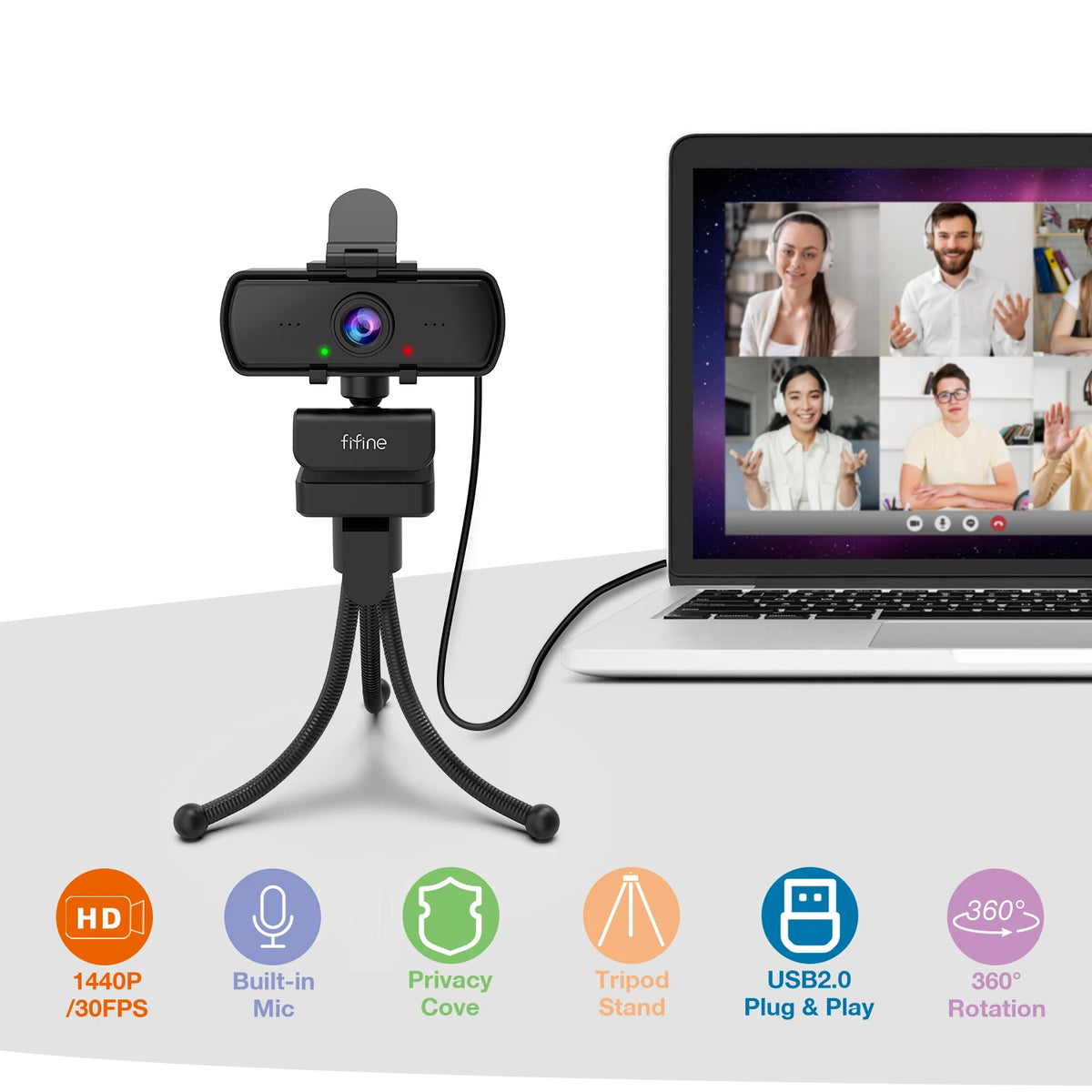 FIFINE 1440p HD Webcam with Microphone and Tripod