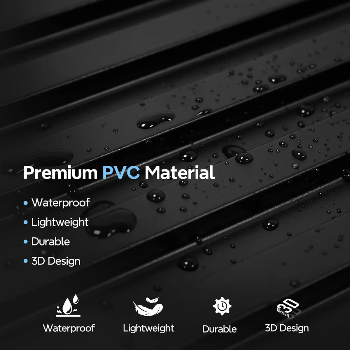Close-up of black PVC material showing waterproof, lightweight, durable, and 3D design features.