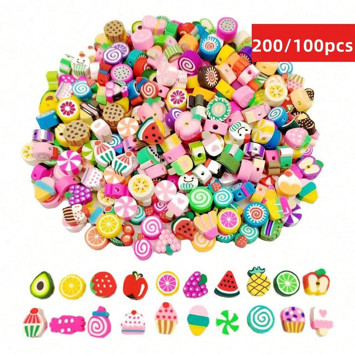 A large pile of assorted polymer clay beads featuring summer fruit designs in various colors and shapes.