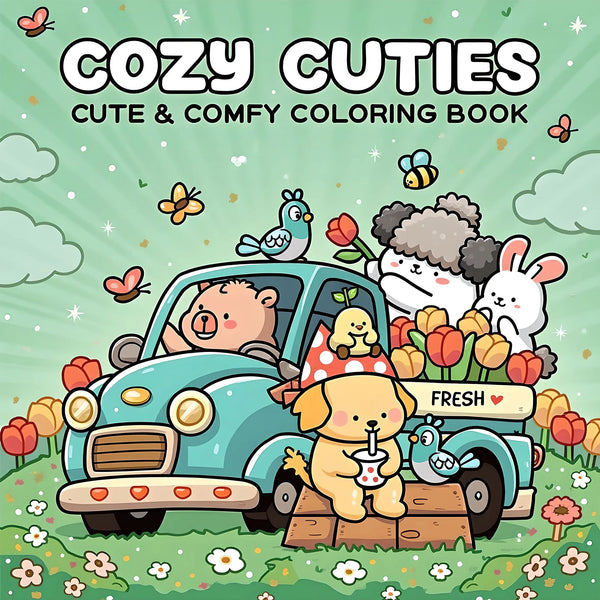 رسم ملون لسيارة زرقاء فاتحة مزينة بحيوانات وزهور لطيفة، كغطاء لكتاب Cozy Cuties