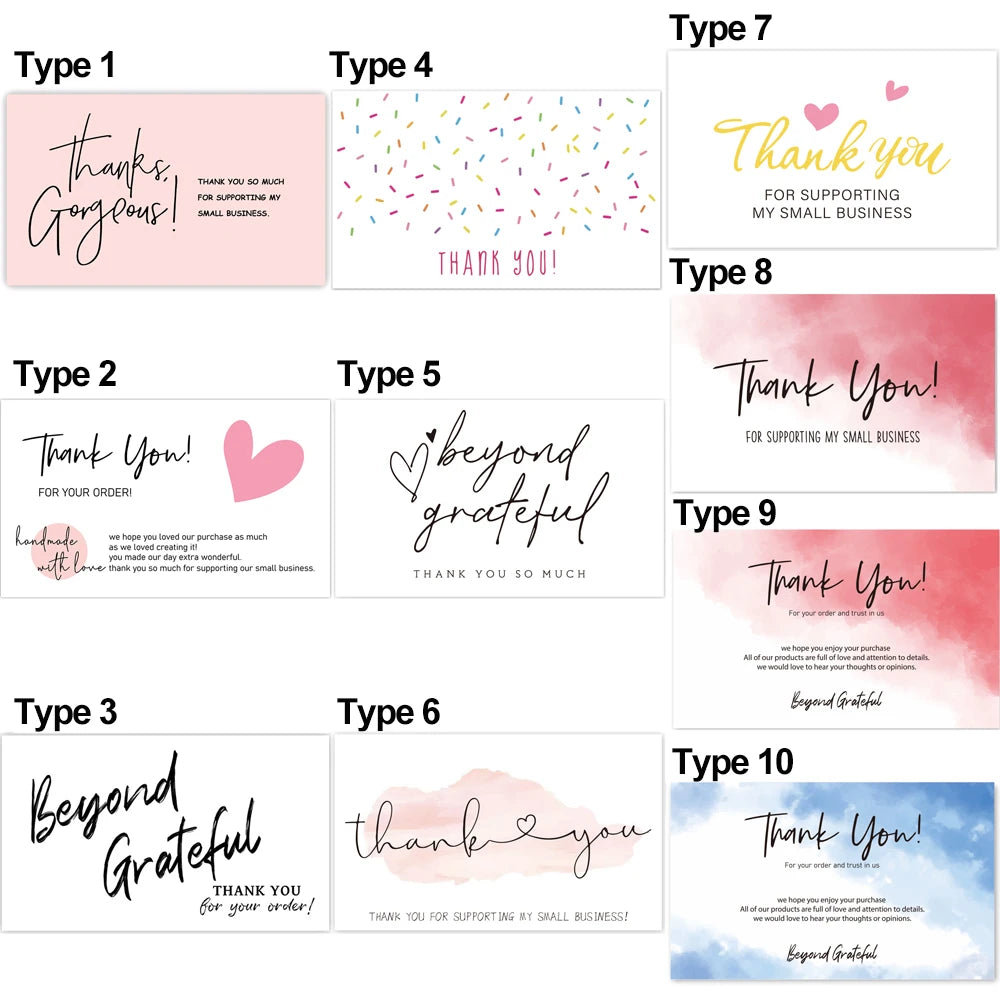 Ten designs of thank you greeting tags featuring various fonts and colors for orders and small businesses