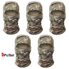 Five camouflage balaclava caps shown in various folds and angles for outdoor sports