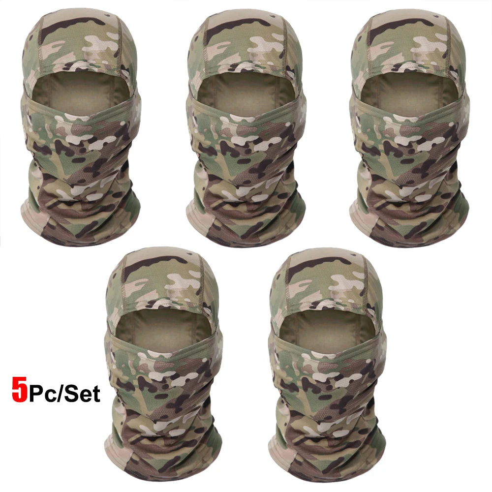 Five camouflage balaclava caps shown in various folds and angles for outdoor sports