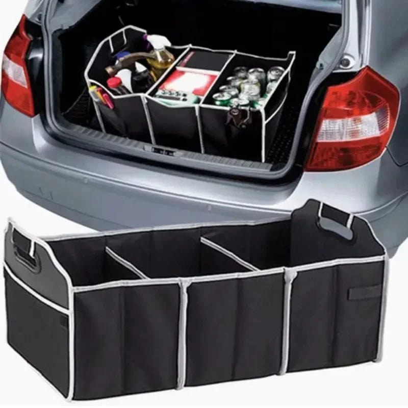 Black foldable car trunk organizer with three compartments shown inside a vehicle's trunk.