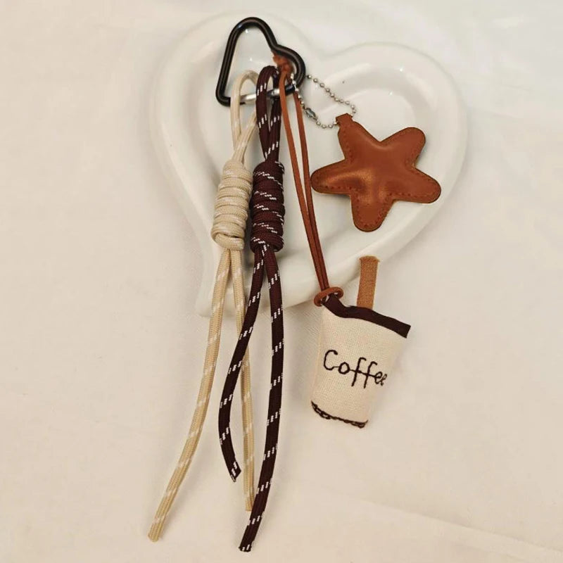 Kawaii Cartoon Linen Keychain – Cute Coffee & Bread Design with Leather Heart Pendant