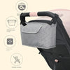 A gray organizer bag with a cup holder is shown attached to a stroller, highlighting its features.