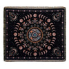 A dark black woven throw blanket featuring a circular mandala design in shades of pink, orange, and teal.
