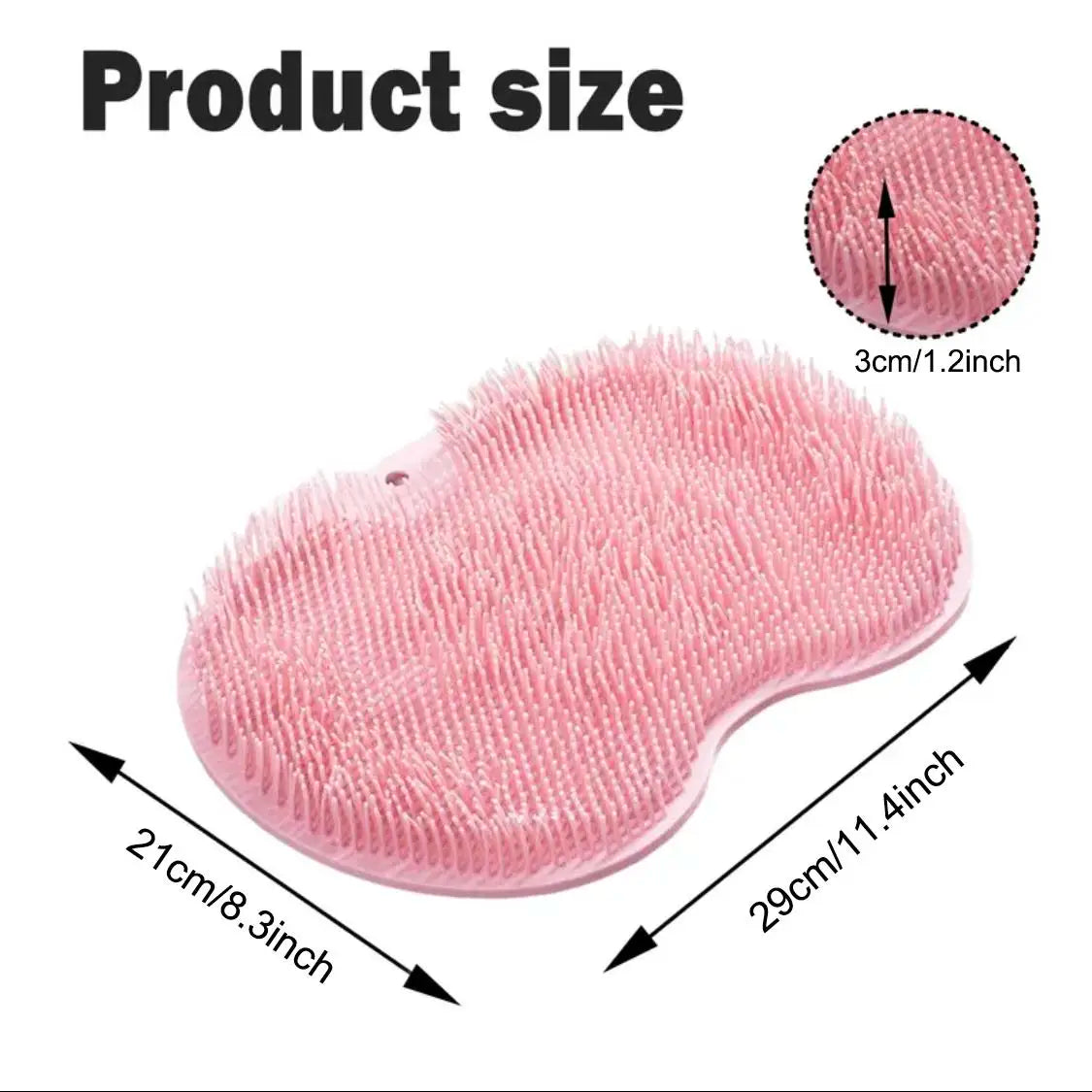 Pink silicone shower scrubber and massage pad showing dimensions of 21cm by 29cm.