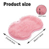 Pink silicone shower scrubber and massage pad showing dimensions of 21cm by 29cm.