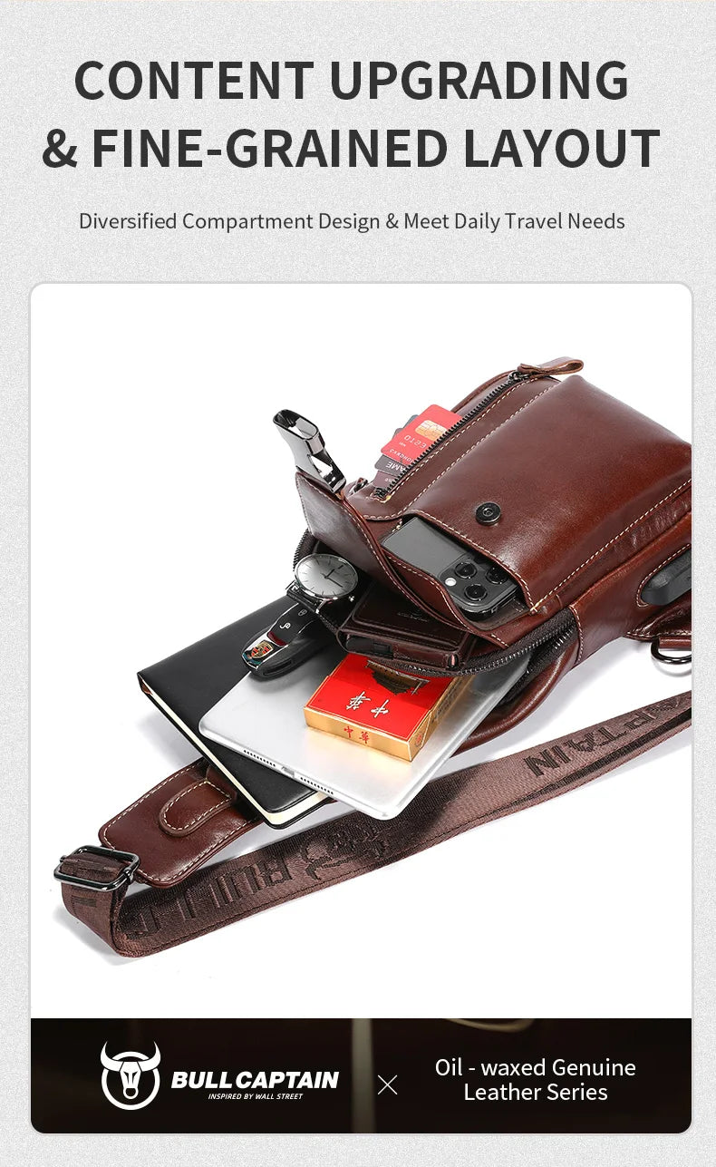 Men's Genuine Leather Sling Backpack with USB Charging Port