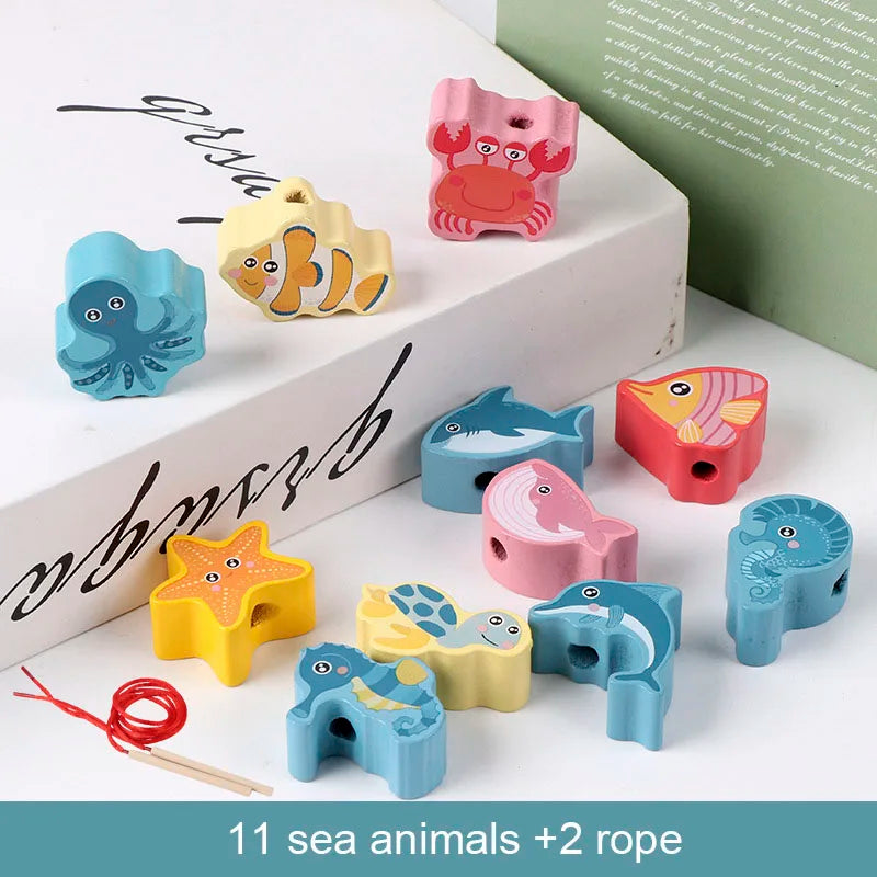 Wooden Lacing Beads Set for Kids with Animal, Fruit, Letter & Number Shapes