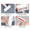 Instructions showing how to use a reusable self-cleaning pet hair remover roller for pet hair removal.