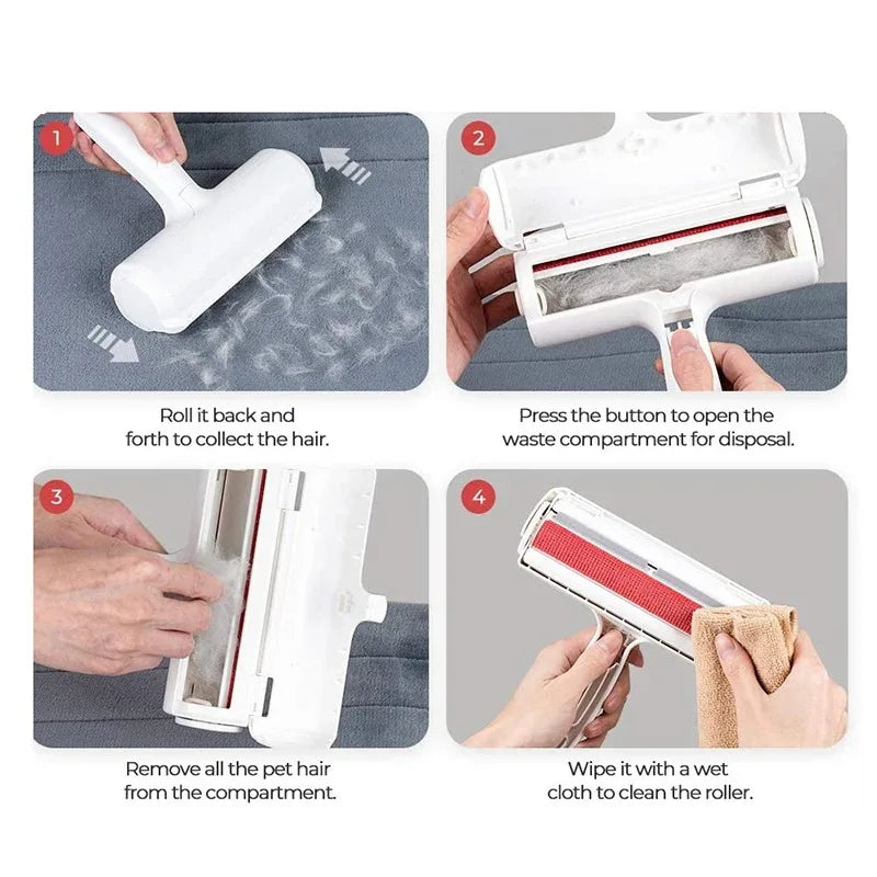 Instructions showing how to use a reusable self-cleaning pet hair remover roller for pet hair removal.