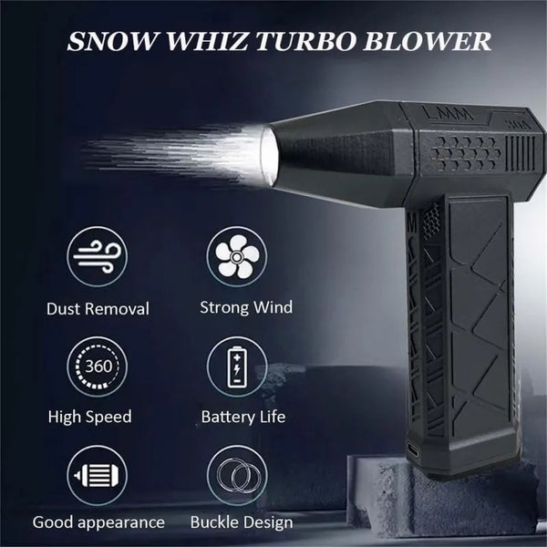 A black snow whiz turbo blower is shown with various features like dust removal, strong wind, 360-degree capability, high spe