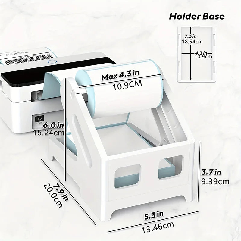 A white 2-in-1 thermal label holder displaying a roll of labels and a fan-folded label, shown with dimension guides.