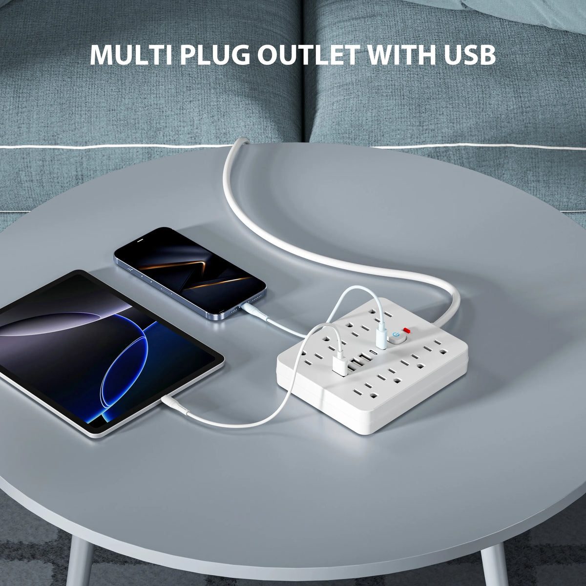 A white multi plug outlet with USB ports and a cord is shown next to a smartphone on a gray table.