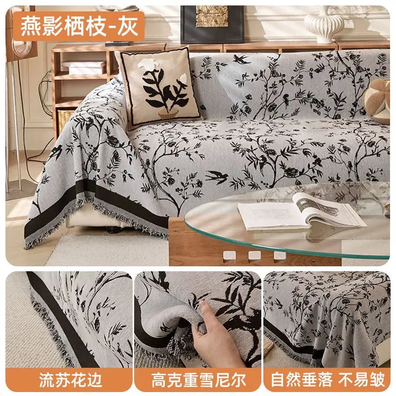 Vier-saisonige bestickte Chenille-Sofas-Slipcover mit schwarz-weißen Blumenmustern.